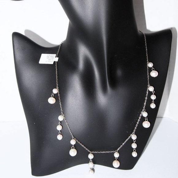 Pearl Jewelry - Genuine White Fresh-Water Pearl's Dangling 16 Inch Necklace .925 Sterling Silver